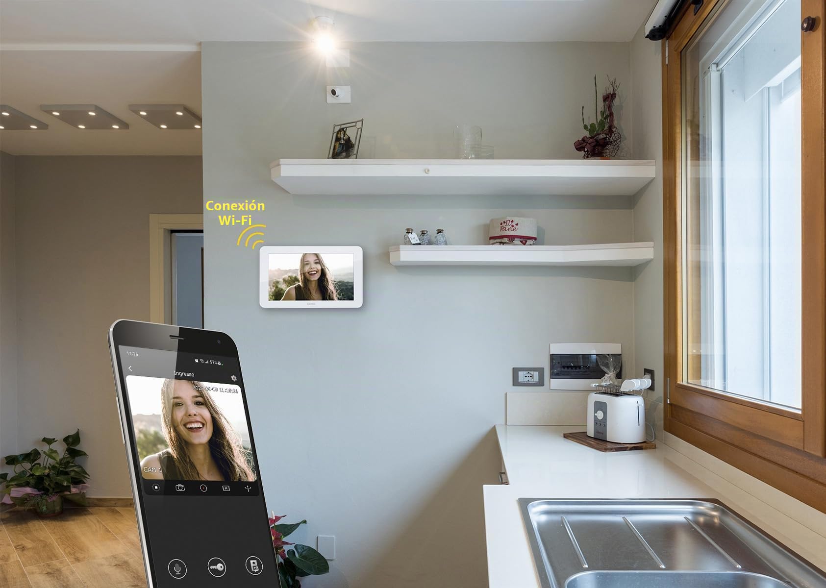 Vimar K42945 Kit de videoportero smart con videoportero Wi-Fi con pantalla táctil, placa audio/vídeo, alimentador con clavijas intercambiables estándar EU, BS, US, AU, soportes para montaje