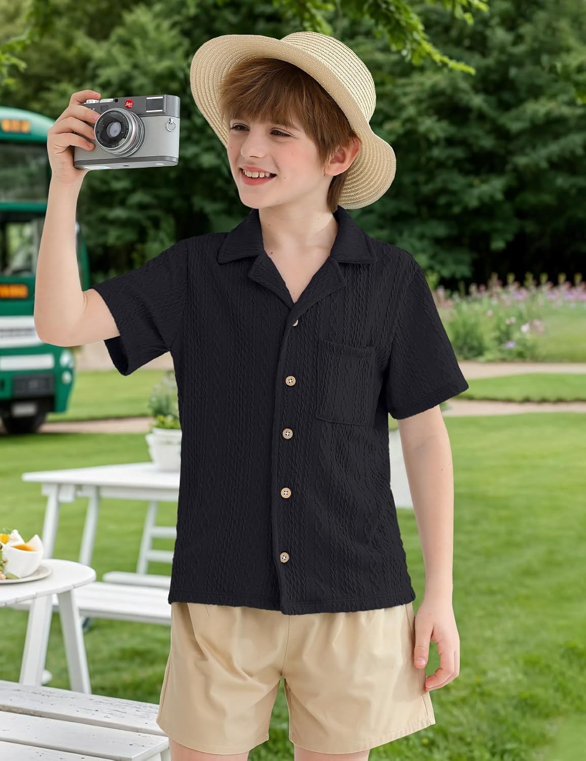 Boys Summer Cuban Collar Button Down Shirts Casual Rib-Knit Tops Short Sleeve Vacation Tee with Pocket 5-14 Years - Image 5