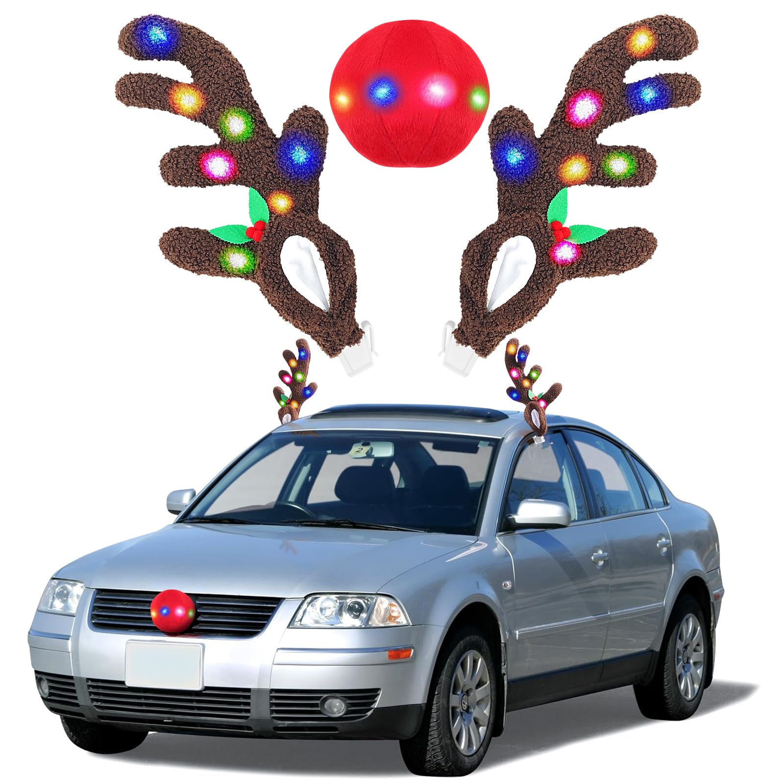 Christmas Car Reindeer Antlers & Nose Decorations, Reindeer Antlers Kit with LED Pre Lights Christmas Deer Vehicle Accessories Rudolph Exterior Auto