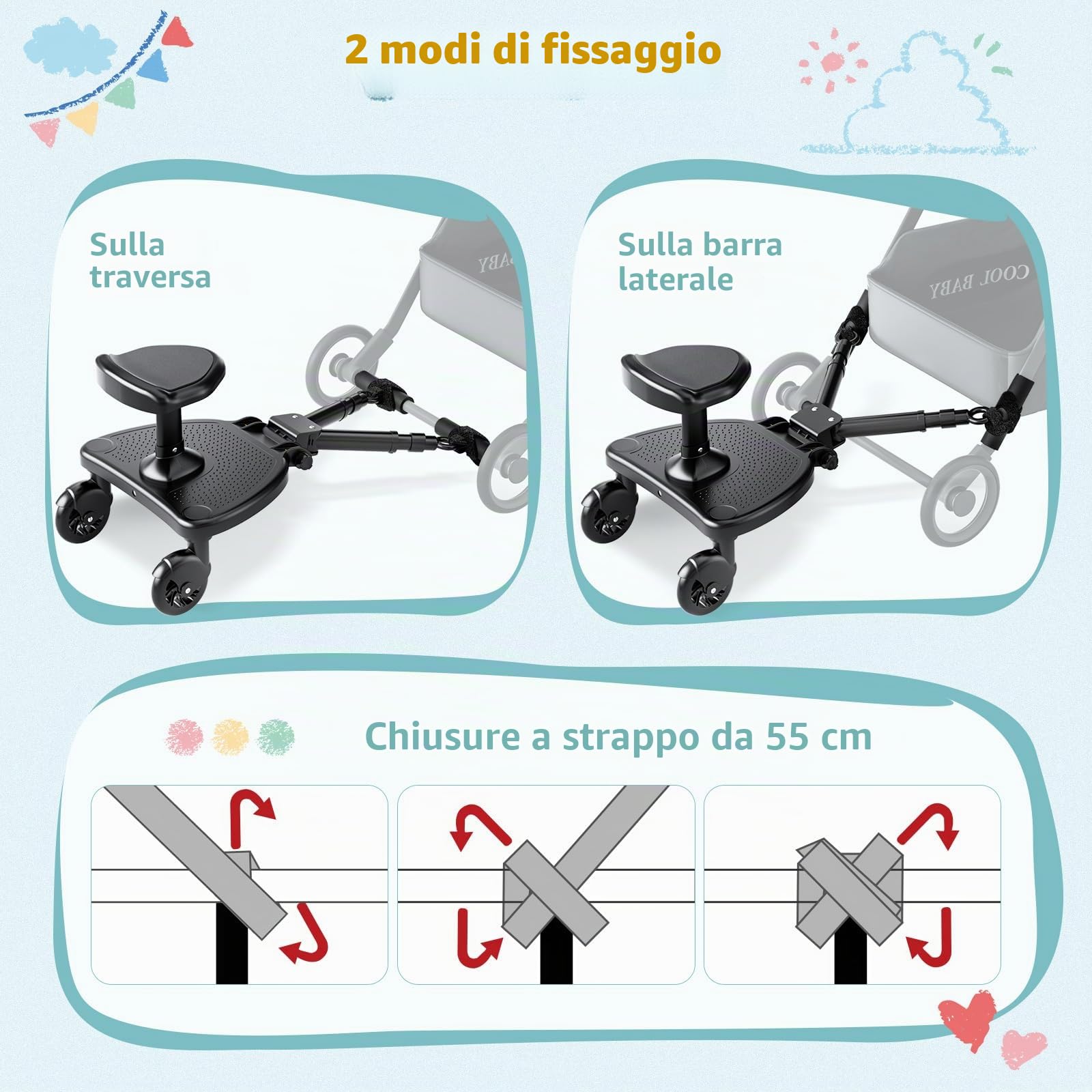Pedana Passeggino Universale, Tavola per Bambini con Sedile più Ampio e Confortevole e Zone di Poggiapiedi più Ampie, Compatibile con il 99% Delle Carrozzine, Portata 25 kg