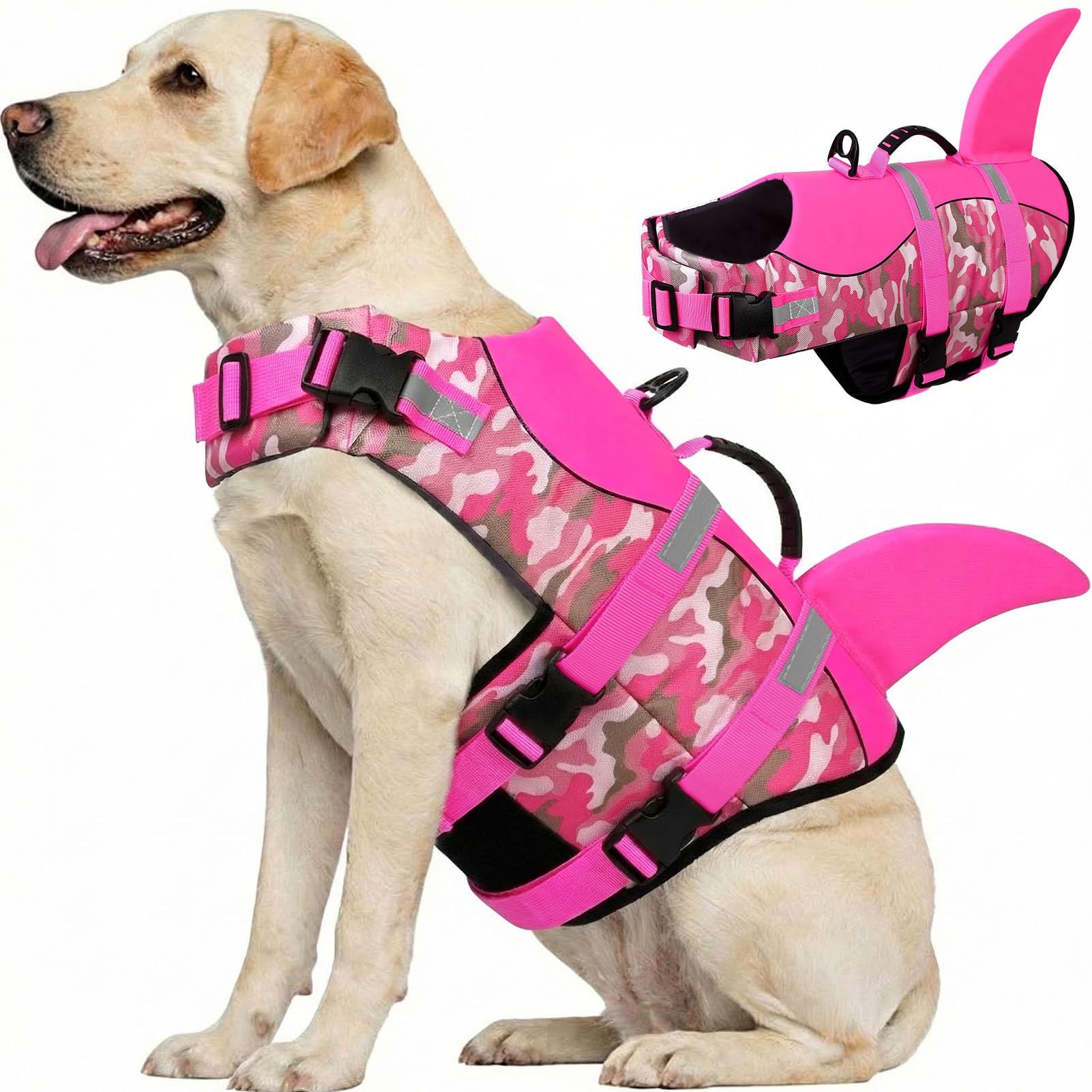 CITÉTOILE Salvagente per Cane, Giubbotto Salvagente per Cani, Ripstop Regolabile Squalo Giubbotto di salvataggio, Leggero e Sicuro per Gli Sport Acquatici, Rosa mimetico, XXL