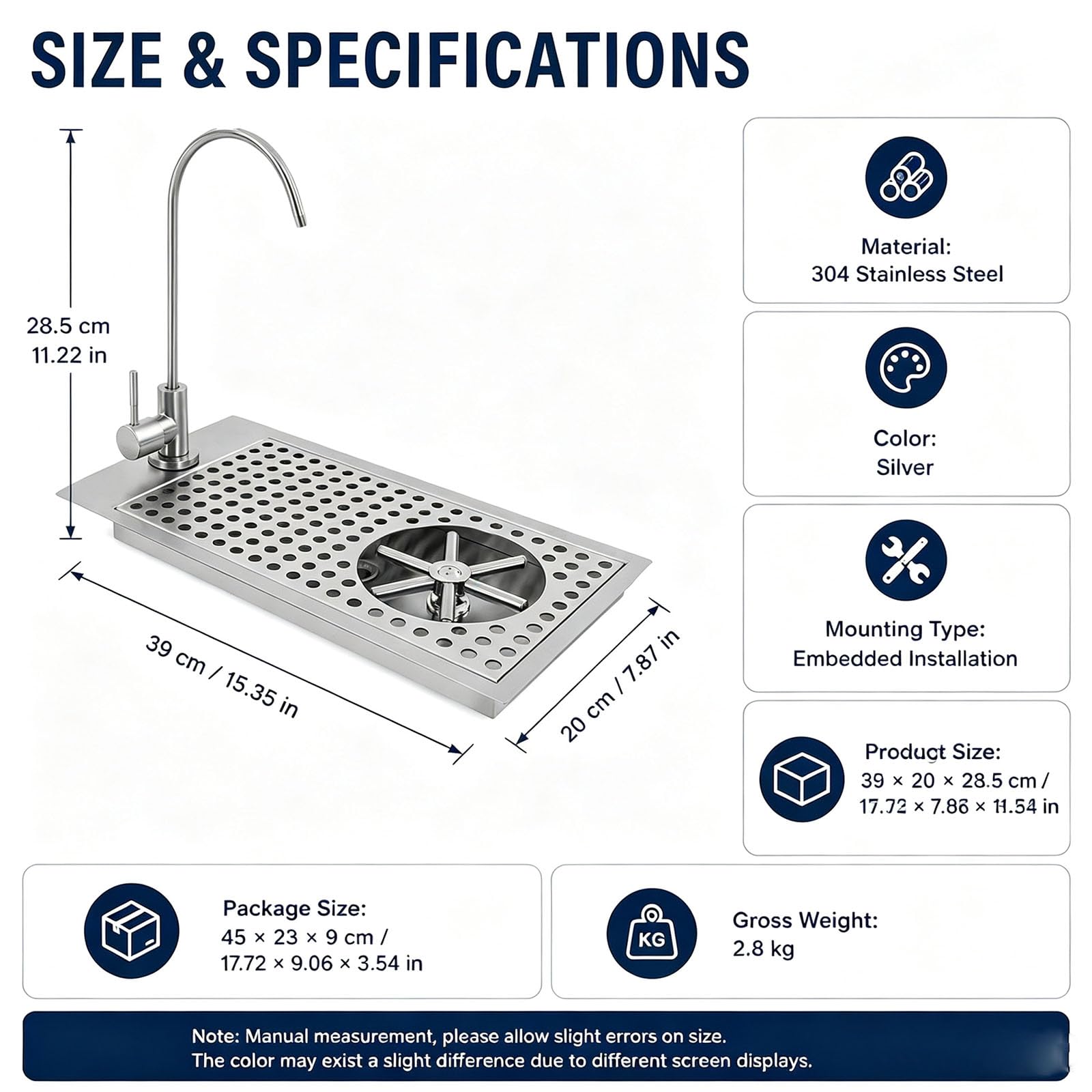 Rince-Verres Intégré avec Robinet, Lave-Tasses en Acier Inoxydable, Drainage Rapide, Ouverture De 37,5 X 17,5 Cm, Jet Multi-Angles, Idéal pour Restaurants, Cafés Et La Maison