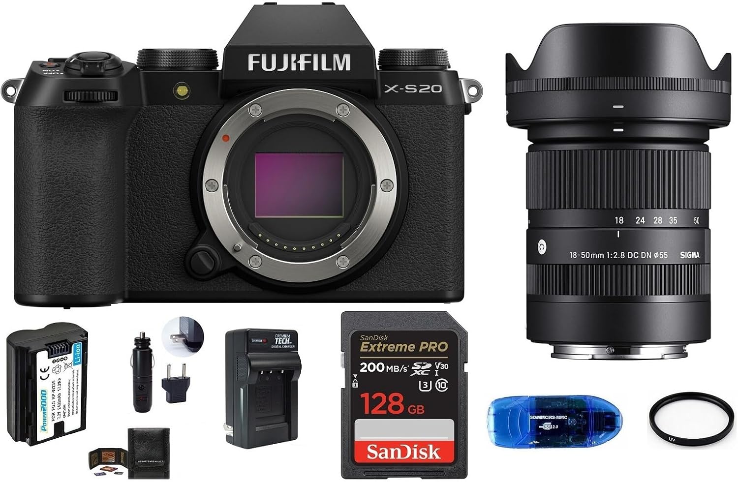 X-S20 Digital Camera Body with Sigma 18-50mm f/2.8 Lens Bundle, Includes: SanDisk 128GB Extreme PRO SDXC Memory Card, Spare Battery and More (8 Items)