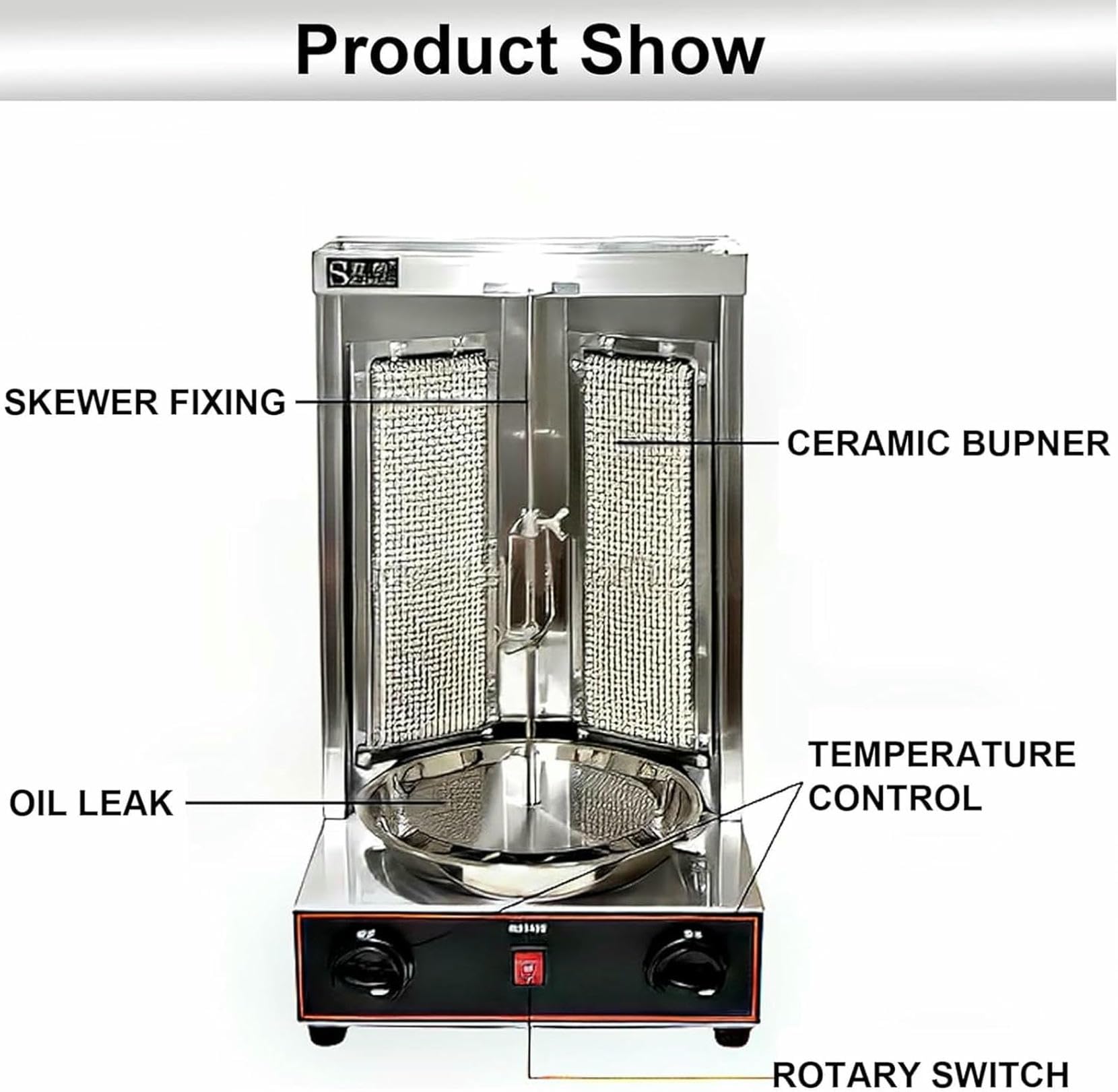 Máquina Eléctrica para Asar Kebabs, Parrilla Vertical, Asador De Carne para Gyros con Quemadores, Ajuste De Temperatura De 50 A 350 ℃ para Cocina Comercial Y Doméstica, L, Negro-L