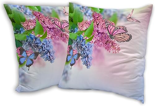 Juego de 2 fundas de almohada de mariposa azul y rosa de 18 x 18 pulgadas, fundas de almohada decorativas de flores lilas, fundas cuadradas de