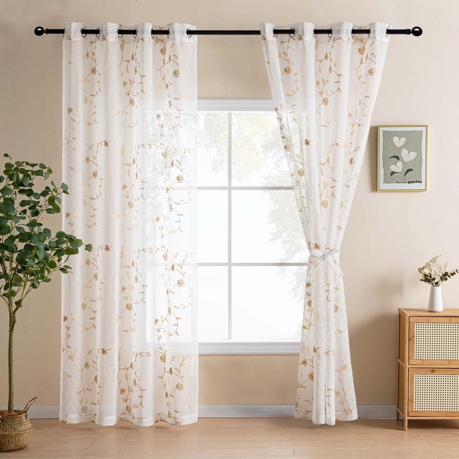 DWCN Embroidery Sheer Curtains Decoration Flora Design Grommet Window Curtain Semi Voile Drapes with Eyelets Window Treatments for Living Room Bedroom 2 Panels 52" W x 96" L Beige - Image 2