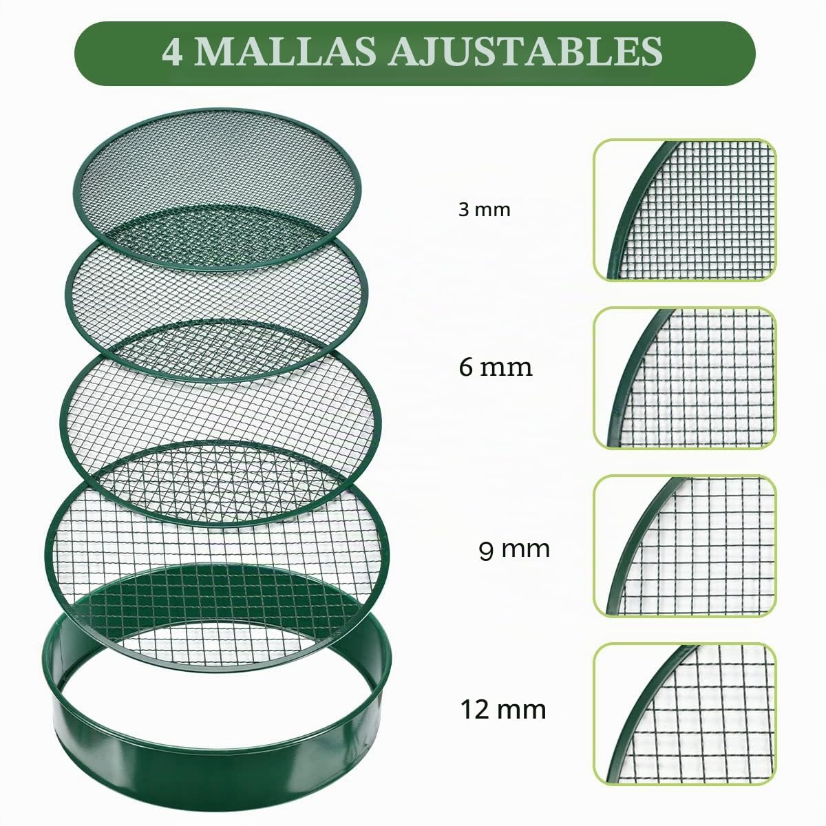 johgee Tamiz de jardín de Metal, tamiz de Tierra, Malla de jardín de 12 mm/9 mm/6 mm/3 mm, tamiz de jardinería para Tierra y Piedras Grande, Equipado con una Pala y un rastrillo