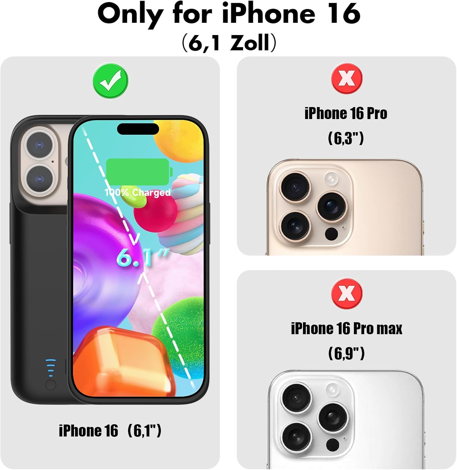 Battery Case for iPhone 16 (6.1") 5000mAh, Slim Rechargeable Extended Charging Case, Portable Protective Phone Charger Case with Battery Power Bank with Stand for iPhone 16-Black