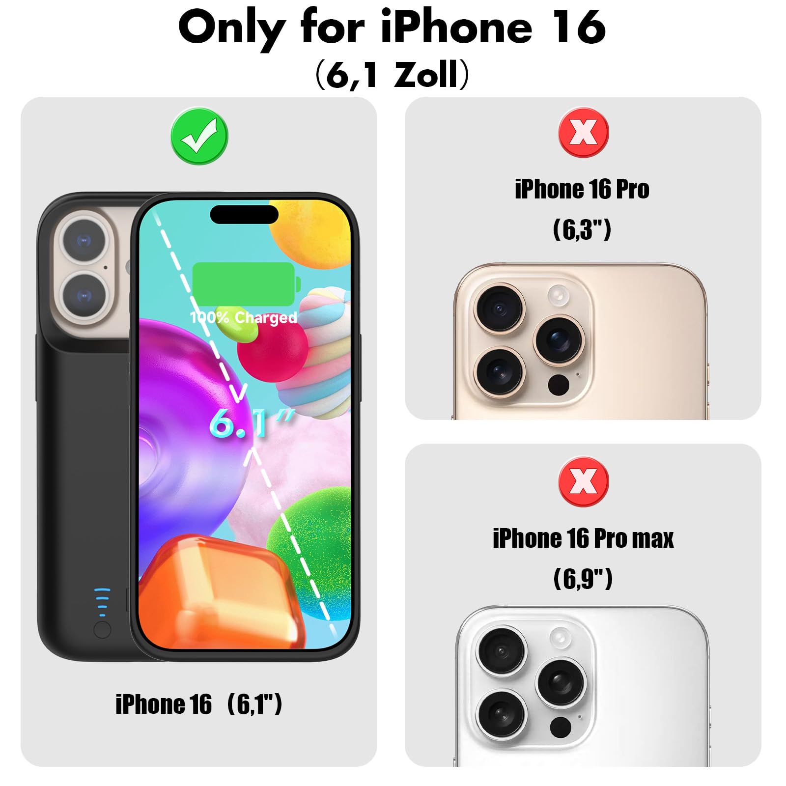 Cover Batteria per iPhone 16, Vera 8500 mAh, Sottile Custodia di Ricarica Espansa Ricaricabile, Custodia Protettiva Portatile con Batteria per iPhone 16 (6.1 Pollici) - Nero