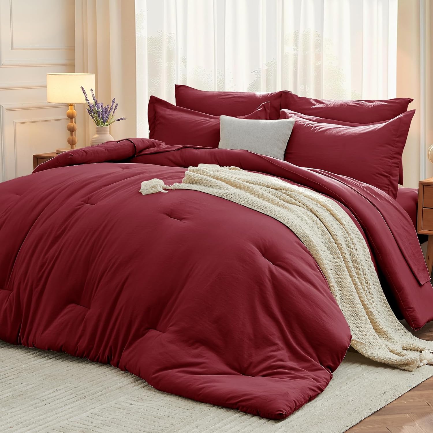 MUXHOMO 7 Pieces Queen Comforter Set, Soft Bed in a Bag Queen Size, All Season Bedding Set with Comforter, Flat Sheet, Fitted Sheet, Pillowcases & Shams, Burgundy Red