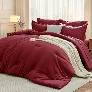 MUXHOMO 7 Pieces Full Comforter Set, Soft Bed in a Bag Full Size, All Season Bedding Set with Comforter, Flat Sheet, Fitted Sheet, Pillowcases & Shams, Burgundy Red