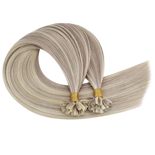 Miniatura 6 de Ugeat Extensiones de cabello rubio Utip extensiones de cabello humano Utip de 18 pulgadas, 50G 50S cálido rubio ceniza con reflejos rubio decolorado