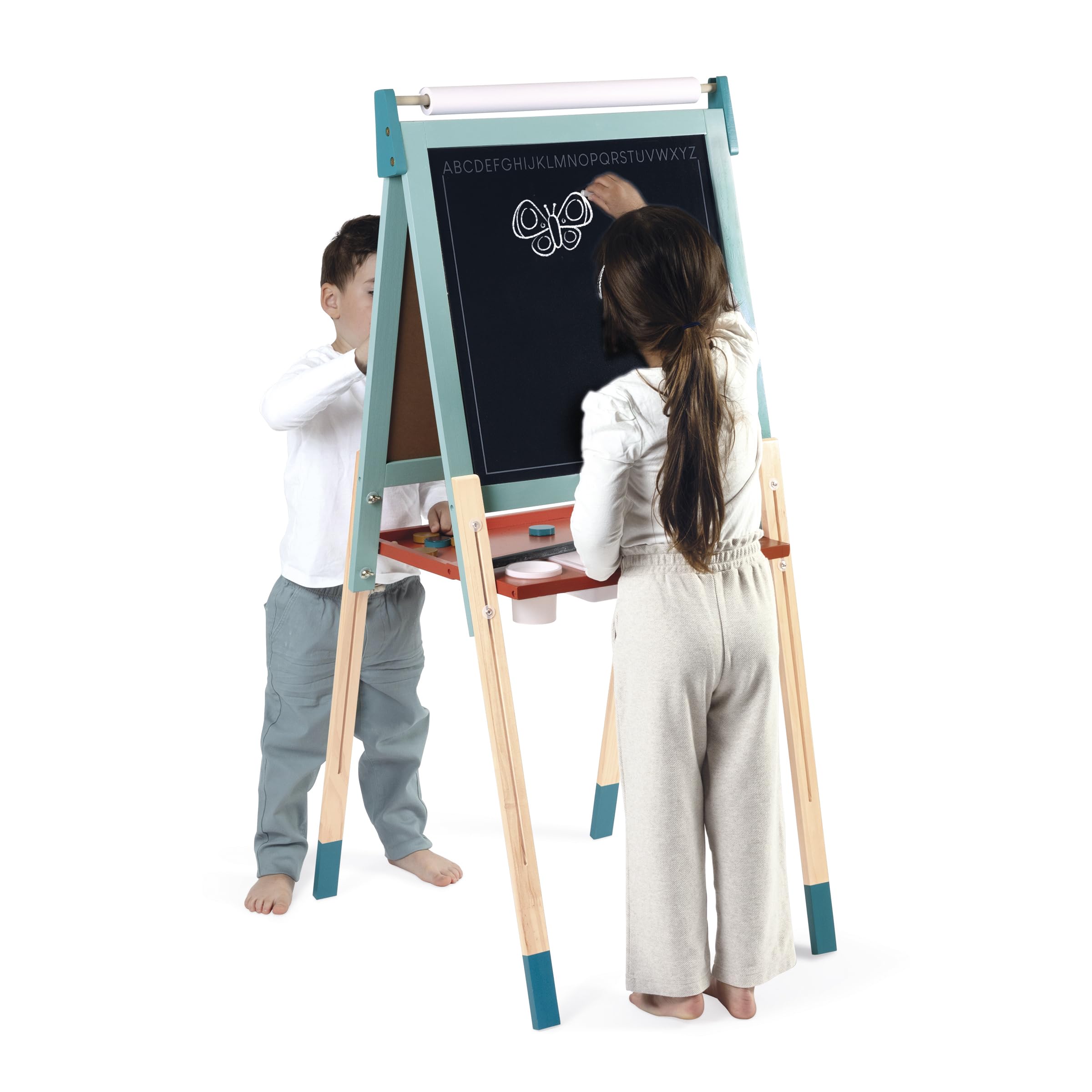 Janod J09625 - Cuadro de caballete doble cara, ajustable en altura, pizarra blanca magnética + pizarra para tiza + rollo de papel, 23 accesorios incluidos, a partir de 3 años