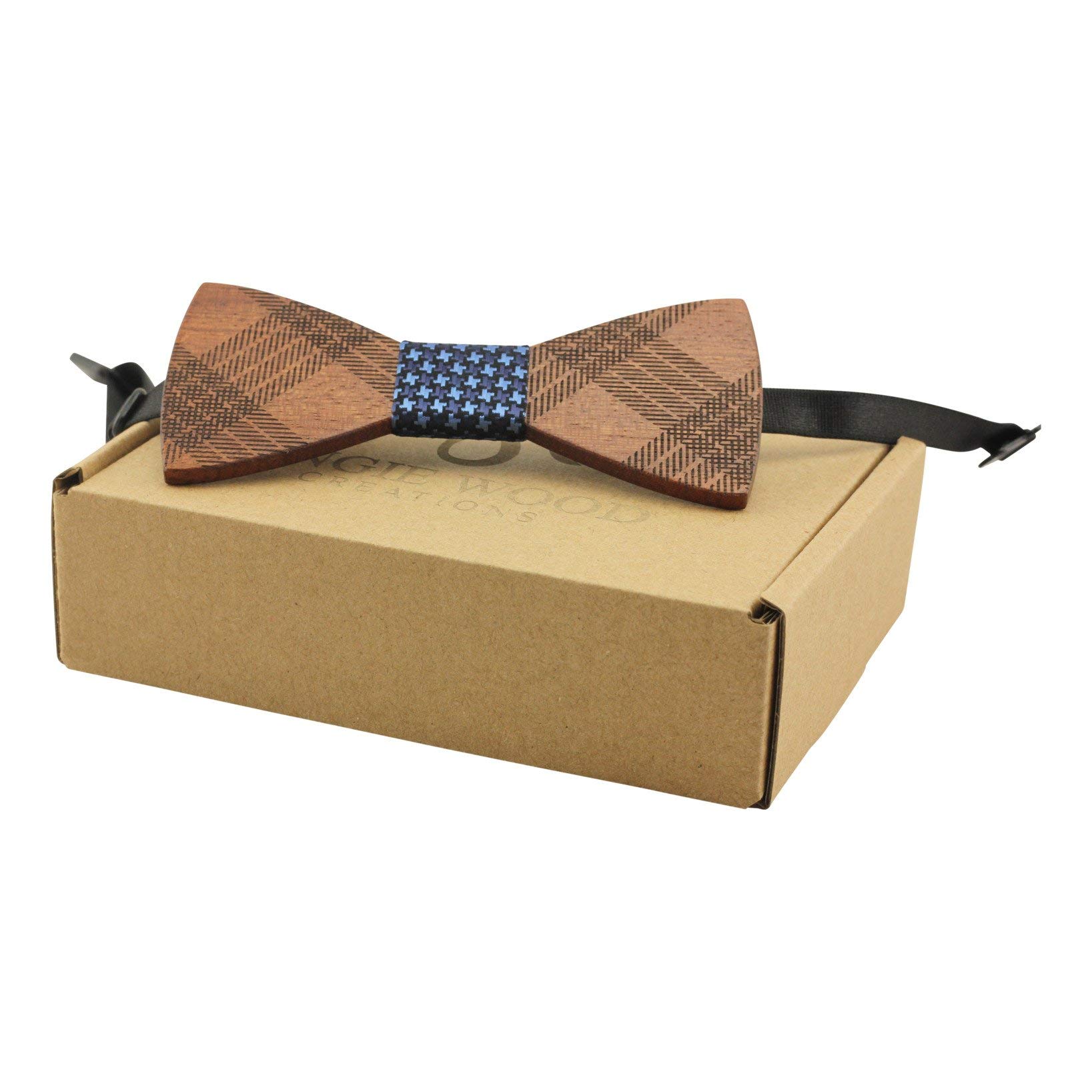 Adult-Sized Red Sandalwood Bow Tie with Plaid Engraving – Blue Woven Center