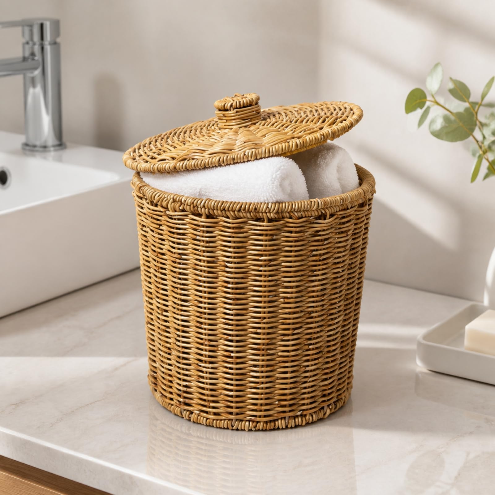 kowaku Cesta Cilínd Tejida con Tapa corativa Cesta Almacenamiento con Tapa Ajustada Resistente para Pasillo, 23.5cm
