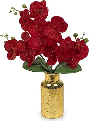 Oairse Red Orchids Artificial Flowers Faux Orchid Arrangement with Gold Glass Vase Real Touch Velvet Phalaenopsis Orchid Flowers Orchids Centerpiece for Dining Room Table