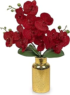 Red Orchids Artificial Flowers Faux Orchid Arrangement with Gold Glass V...