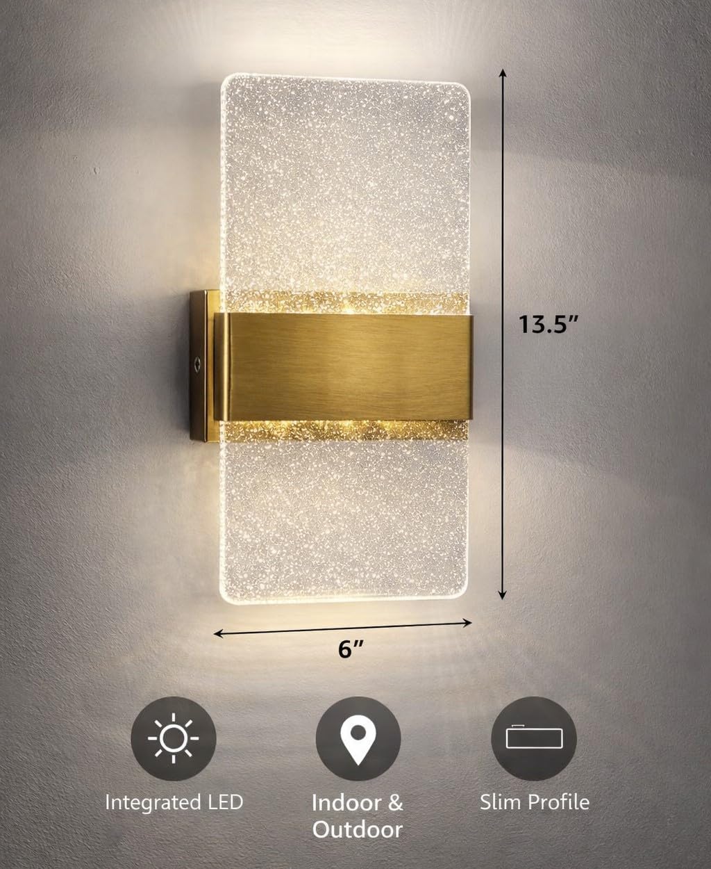 Modern LED Wall Sconce Set of 2, Gold & Crystal Acrylic Wall Light, Vertical Vanity Lighting Fixture, Waterproof Indoor Outdoor Wall Lamp for Bathroom, Hallway, Bedroom, 3000K Warm White