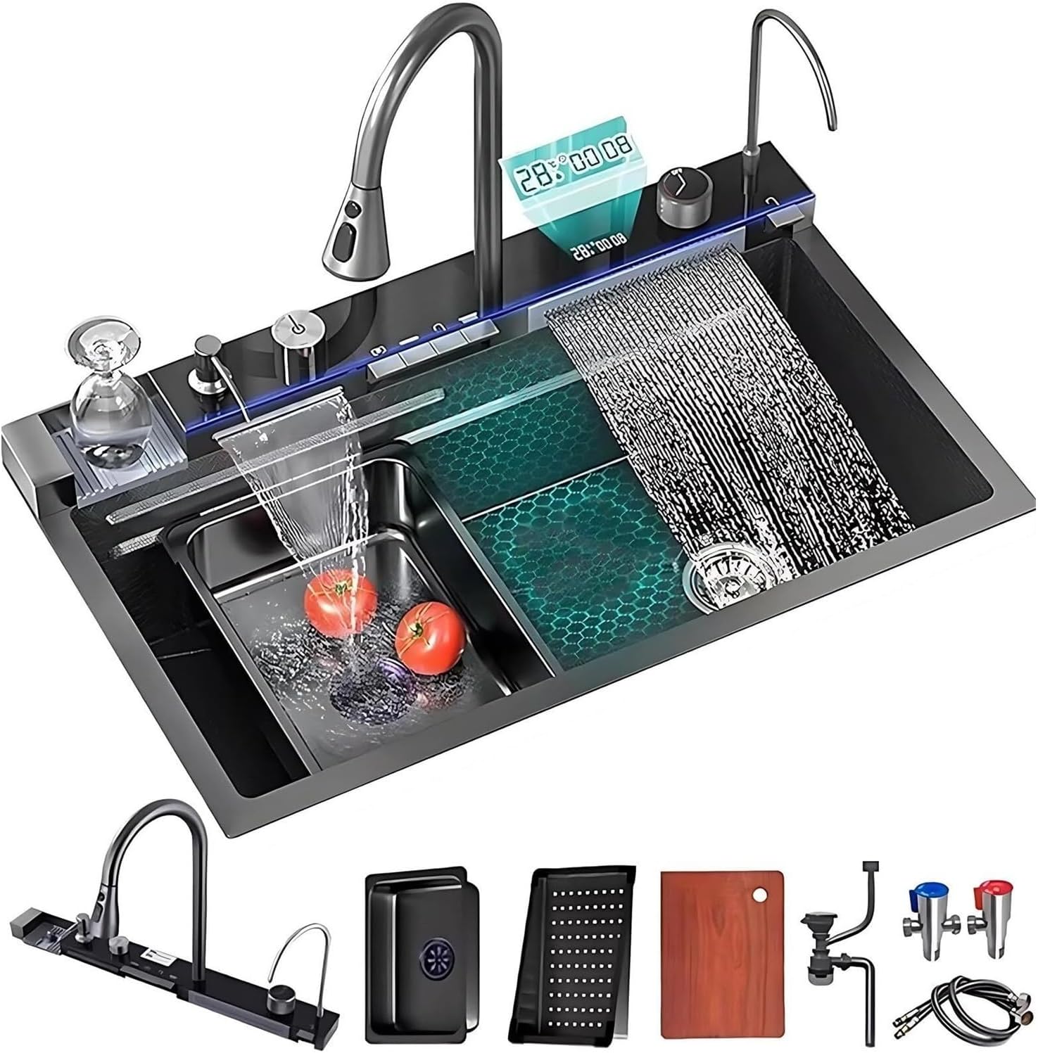 Smart Kitchen Sink with Pull-Out Faucet & Accessories – 26.8"(68x46cm/26.8x18.1in)