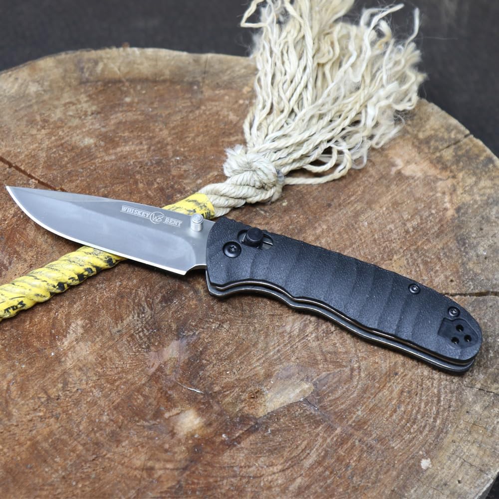 WHISKEY BENT HAT CO. Catch Pin Lock Folding Pocket Knife w/Clip Drop Point Blade Thumbstud Opening 440C Stainless Steel (Raven, 3.75" - Closed Length)