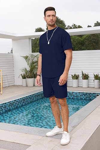 Miniatura 2 de Lexiart Conjunto de 2 piezas para hombre, chándal casual, pantalones cortos de verano, conjunto deportivo de manga corta de gran tamaño