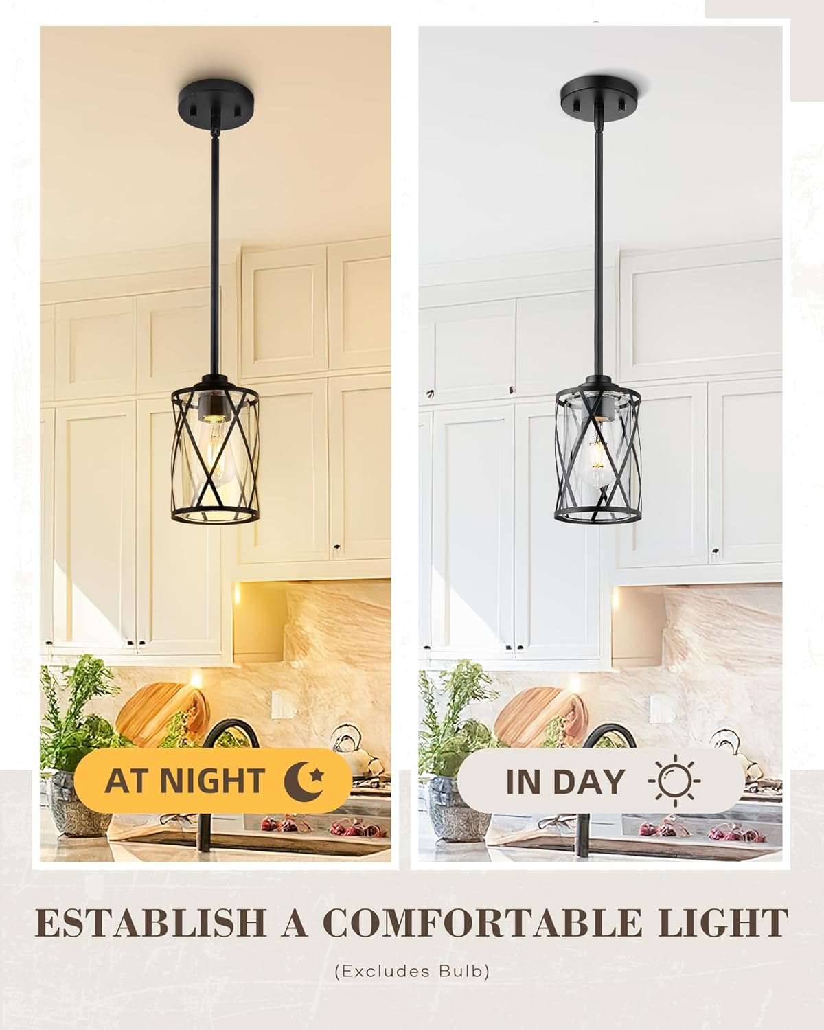 Beionxii 2 Pack Glass Pendant Lights Kitchen Island, Black Modern Kitchen Pendant Lighting Over Island, Farmhouse Industrial Cage Hanging Lighting with Clear Glass for Sink, Dining Room, BX-PL07BK-2PK