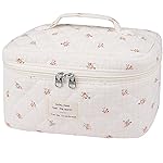 Large Travel Quilted Makeup Bag for Women,Big Floral Cotton Cosmetic Bag, Cute Coquette Aesthetic Floral Toiletry Organizer Bag (Plaid-Flower)
