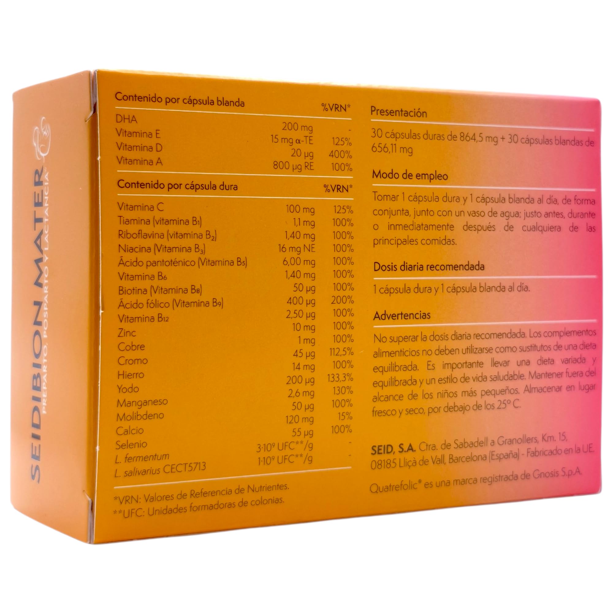 Seid Lab Seidibion Mater 60 Cápsulas - Suplemento Multivitamínico para Embarazo y Lactancia - Con Quatrefolic®, Yodo, Omega-3 DHA, Probióticos, Hierro y Minerales