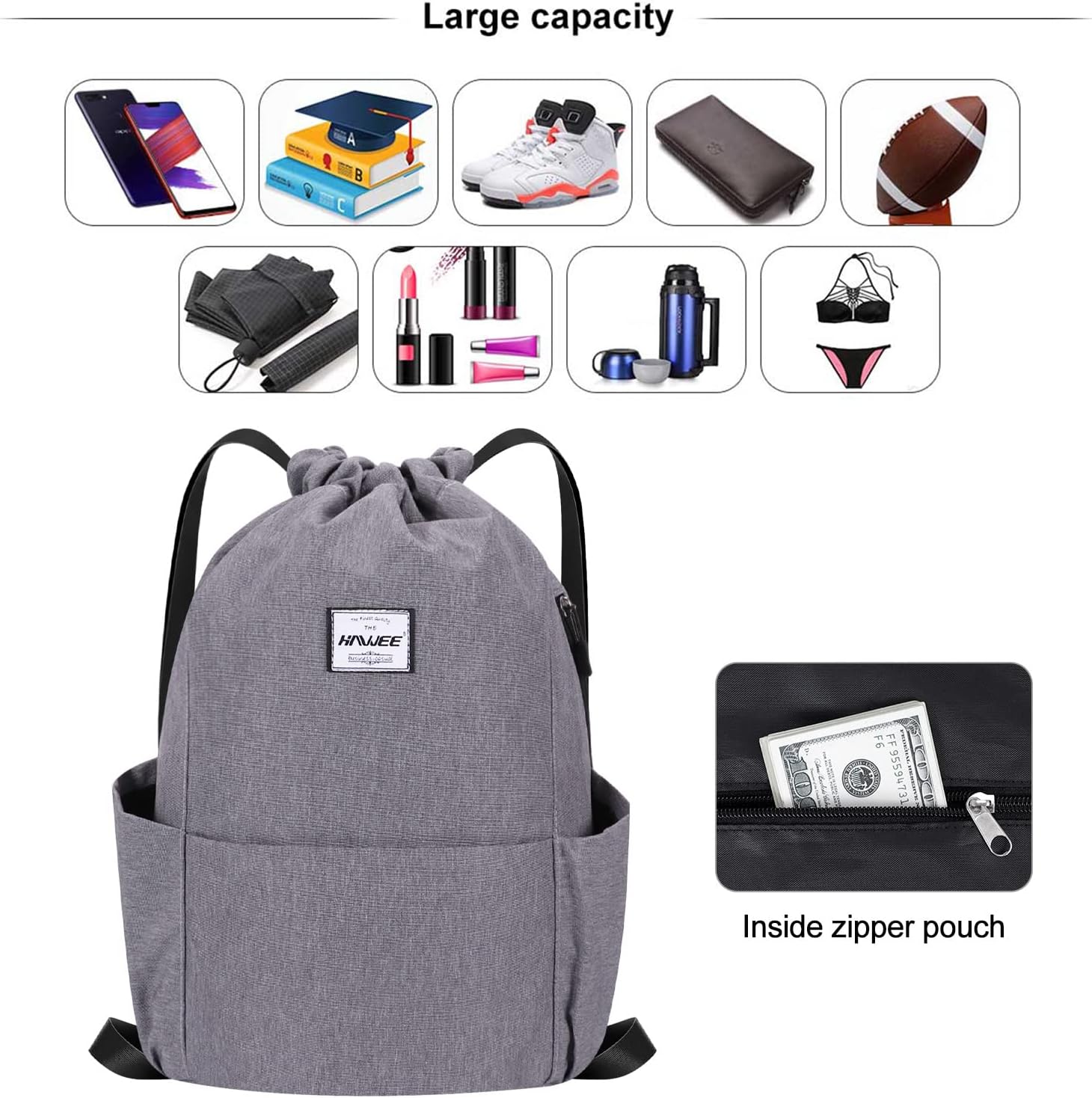 HAWEE Waterproof Drawstring Bags Backpack Large Gym Bag Drawstring Daypack Unisex for Women Men Daily Life Outdoor Casual Sport Yoga School Beach Swim - Image 4