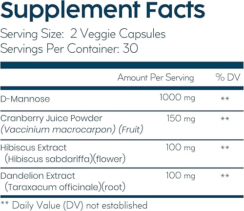 Miniatura 3 de Azad D-Mannose Plus 1350 mg - Apoyo a la salud del tracto urinario y la vejiga con arándano, hibisco y diente de león - 60 cápsulas veganas - Sin