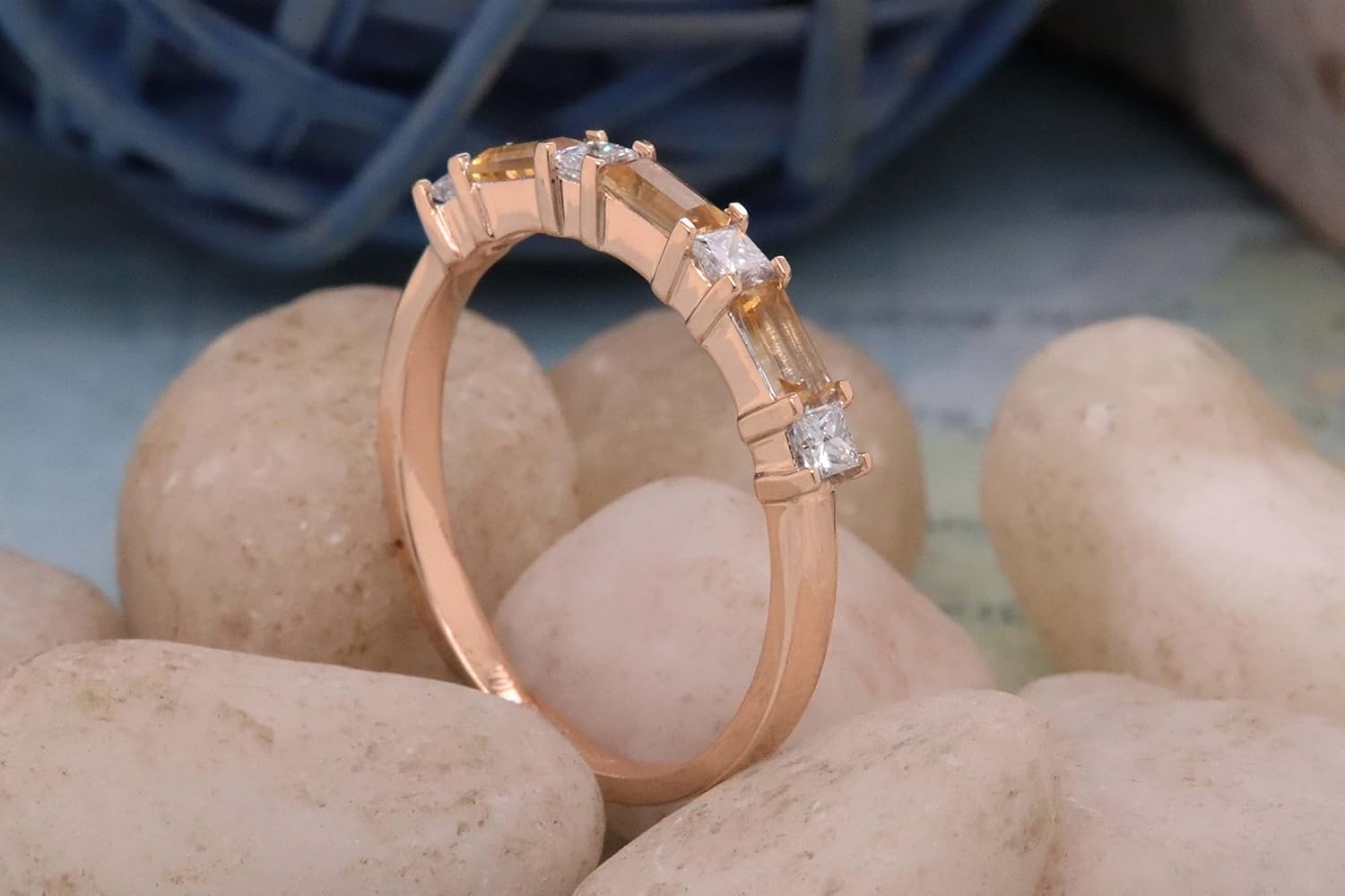 Dazzlingrock Collection 4x2mm Baguette Gemstone & Princess White Natural Diamond Alternate Wedding Band for Women in 14K Rose Real Solid Gold