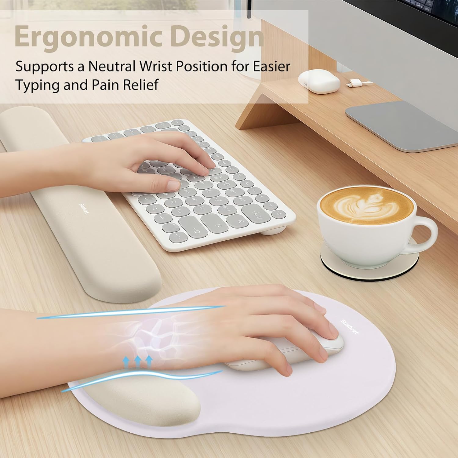 Sushret Mouse Pad and Keyboard Wrist Rest, 3-in-1 Gel Memory Foam Ergonomic Mouse Pad with Wrist Rest Set, Gaming Mousepad Arm Cushion Support for Computer Office Desk Accessories Cute Setup,Khaki
