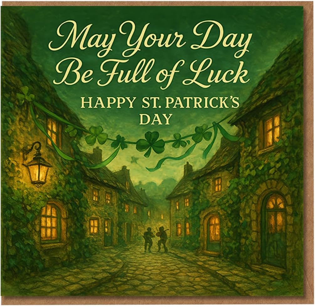 St Patrick's Day Card - May Your Day Be Full of Luck - Irish Village Scene with Shamrock Garland and Lantern Glow