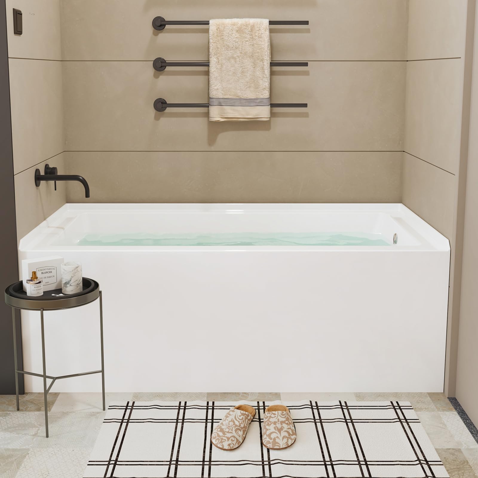Acrylic Alcove Tub, 60" x 30" Rectangular Alcove Soaking Bathtub with Integral Apron Front In Glossy White,Right Drain,Brushed Nickel Pop-Up Drain Included