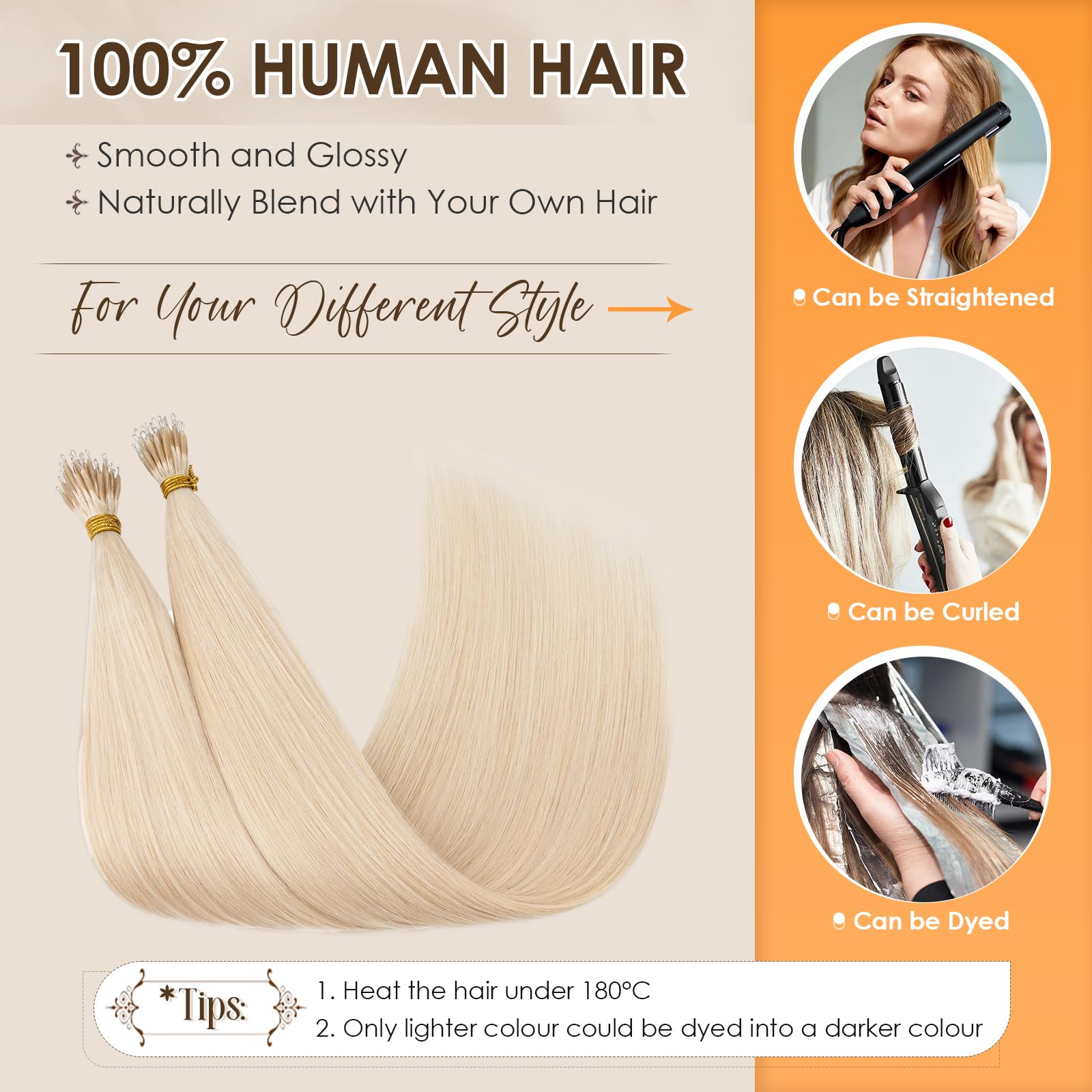 Elailite Nano Beads Hair Extension Real Human Hair With Nano Ring 50 Strands Cold Fusion Straight (#70 Bleach White, 20 Inch) - Image 4