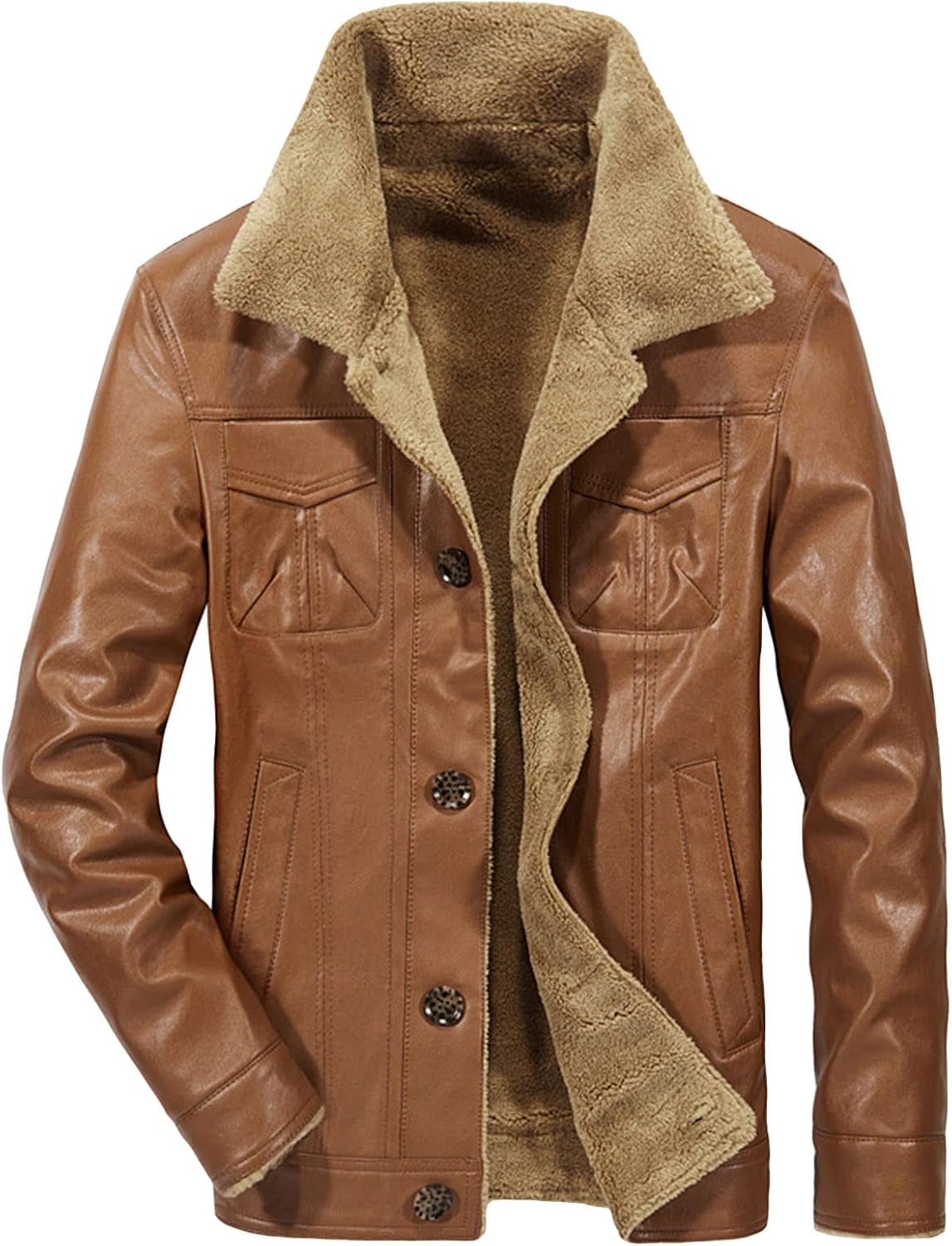 JEsilunmaMY Mens Warm Winter Fur Collar Jacket Button Down Fleece Lined Leather Jacket Slim Fit Biker Sherpa Cotton Coat