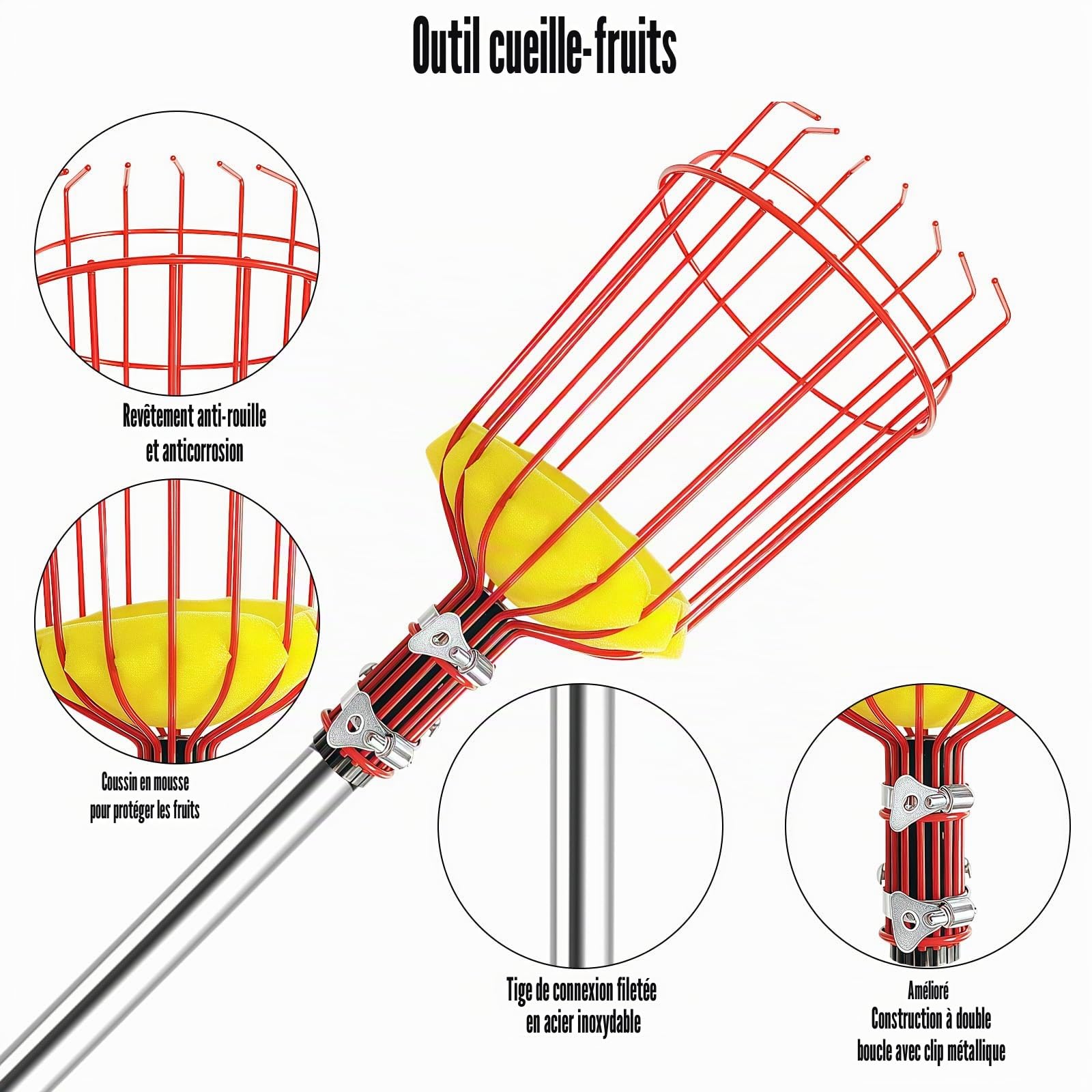 Cueille Fruit Telescopique, 4.3m Fruits Cerise Outil à Cueillir de Fruits avec Poteau Réglable Léger, Cueille Pommes avec Panier en Acier Inoxydable, Outil Cueillette Jardin Arbre Poires Pêches