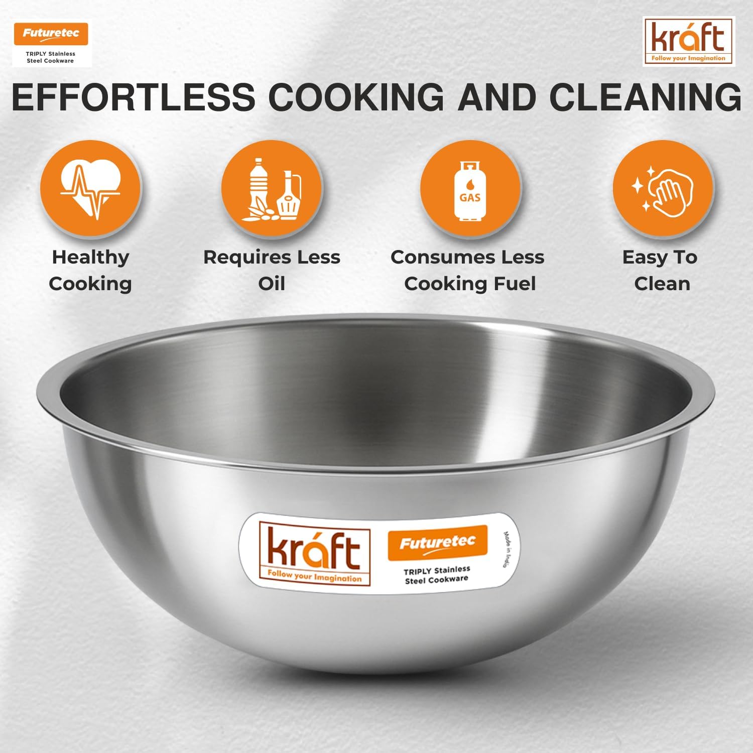 Kraft- follow your imagination Futuretec Triply Stainless Steel Extra Deep Tasla - 16 cm with 0.9 litres Capacity (Gas Stove and Induction Friendly) BPA and PFOA Free, Silver - 5 Years Warranty