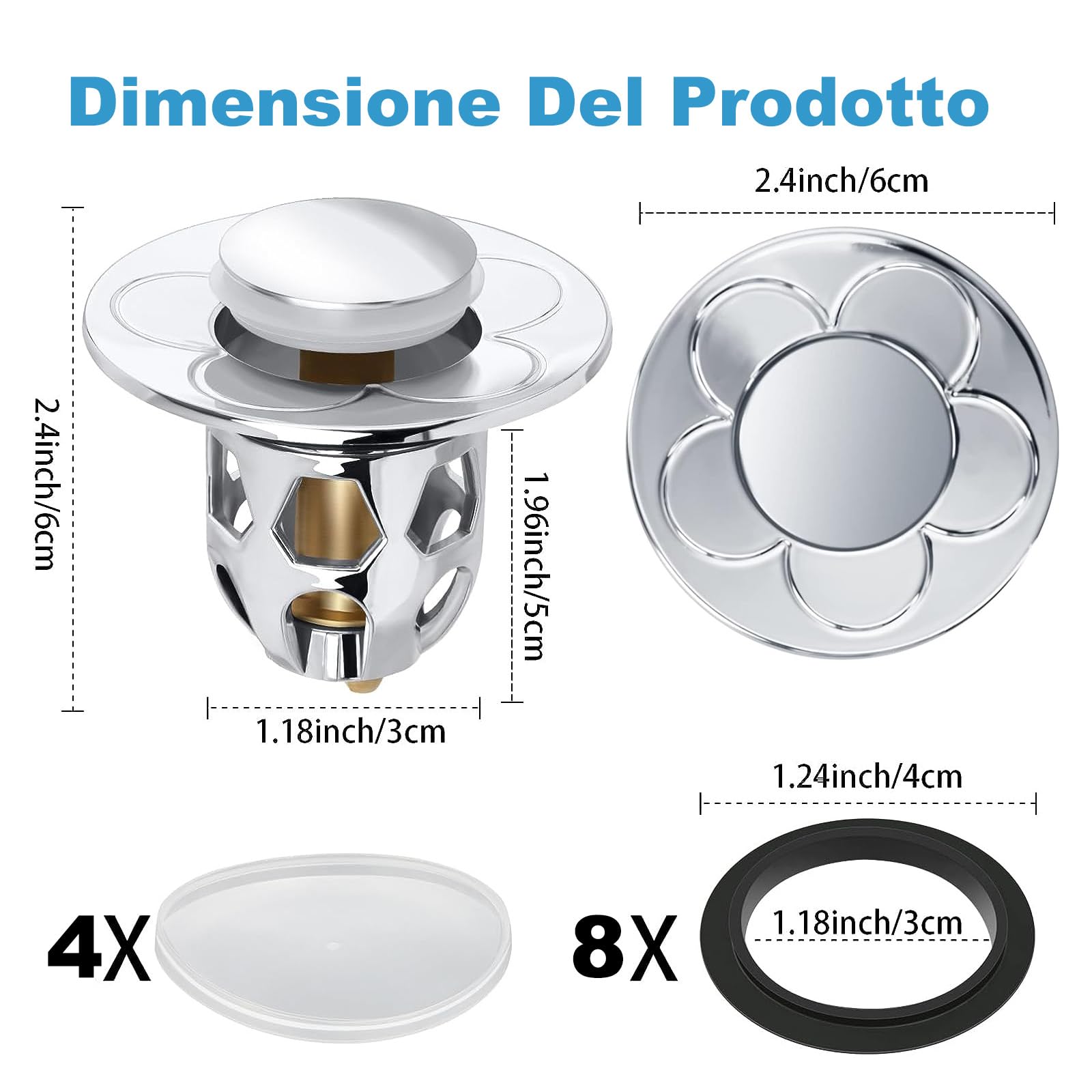 4 Tappi Pop-up Per Lavandino Universali 34-40mm In Acciaio E Ottone: Click-clack Con Guarnizioni