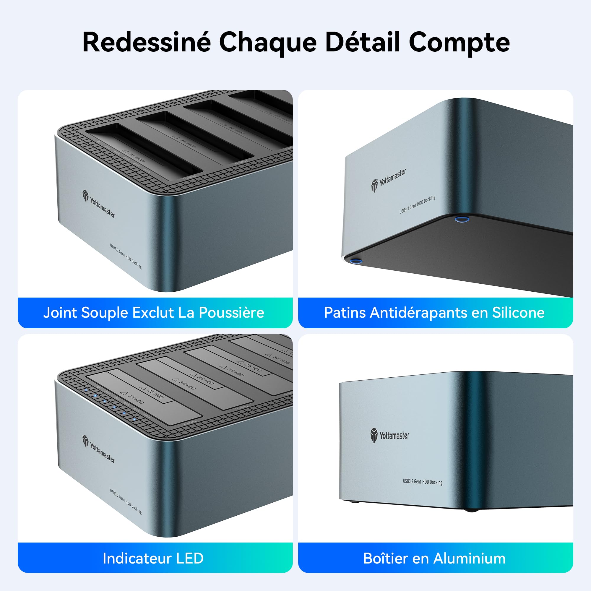 Yottamaster 5 Bay Offline Clonage de Disques Durs Station d'accueil Aluminium pour 2.5"/3.5", USB 3.2 Gen1 SATA SSD/HDD Docking Station avec Alimentation 12V 6.5A, Supporte 5x20TB