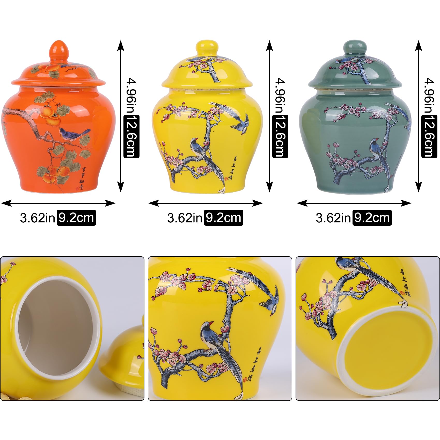 XINGYAN Lot de 3 pots à gingembre en porcelaine bleue et blanche