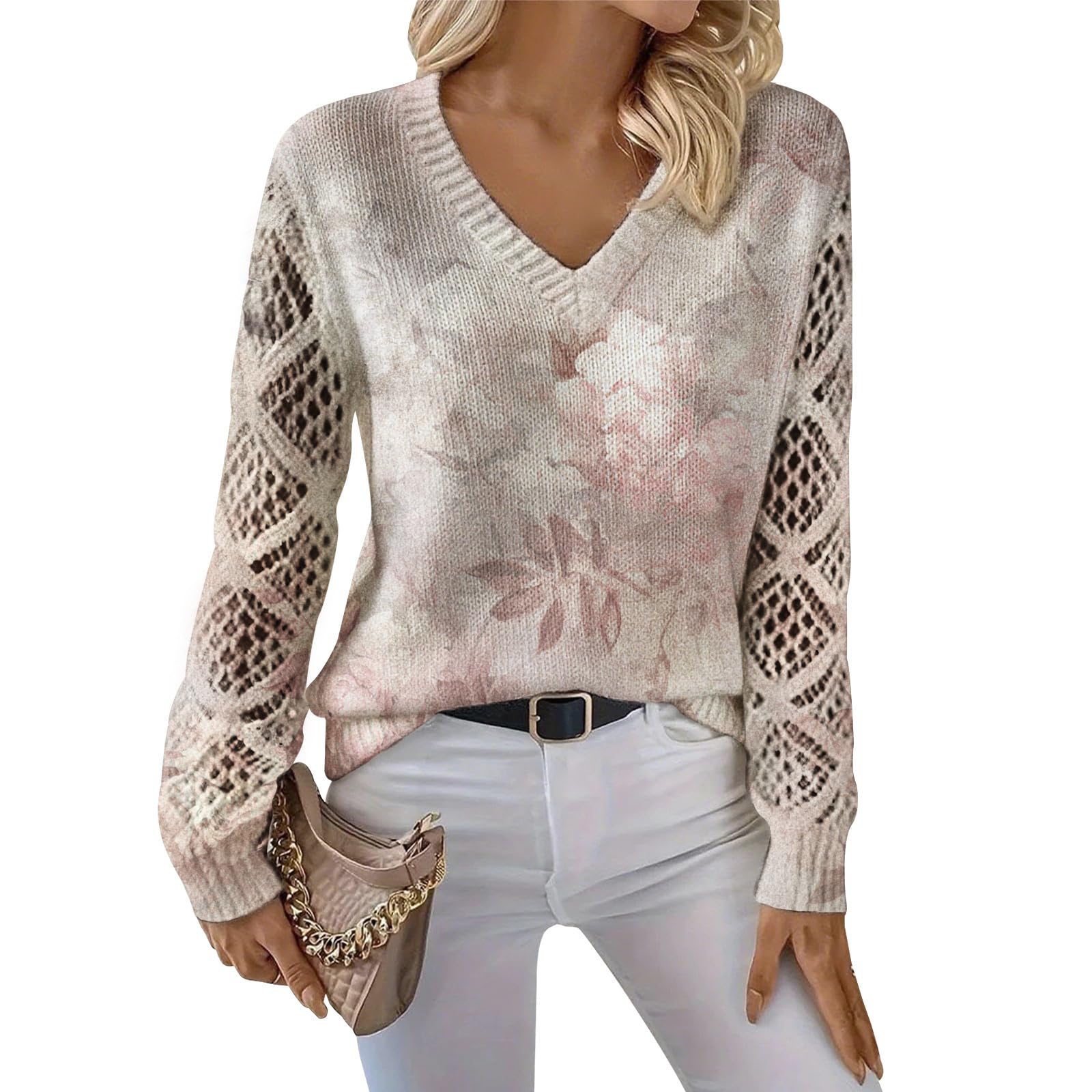 Womens Crochet Hollow Out Knit Tops Boho Floral Sweater V Neck Long Sleeve Spring Winter Sweaters Women Trendy