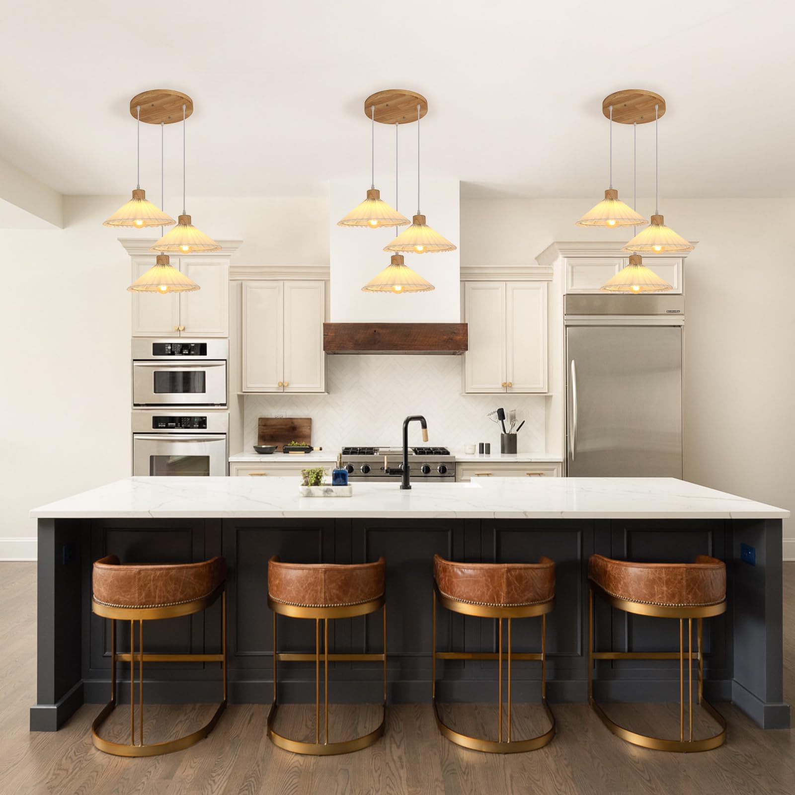 Goeco Lampada a Sospensione 3 Luci, Vintage Lampadario in Legno, Lampada a Sospensione con Paralume in Tessuto per Cucina, Soggiorno e Tavolo da Pranzo
