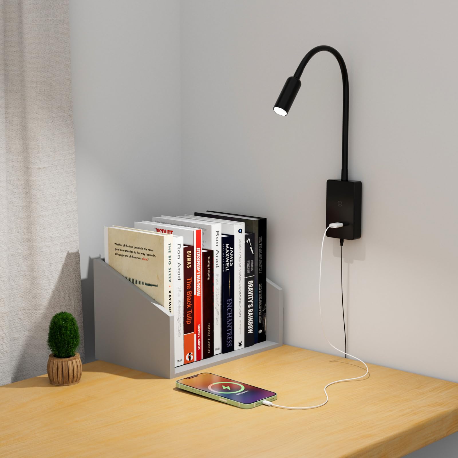 ENUOTEK Lampe de Liseuse Murale, Lampe Murale LED de 4W Pour Lit, Lumière de Lecture Tactile de 4000K Dimmable de 240Lm avec Port de Charge USB 2A, Lampe de Lecture à col de Cygne Spotlight