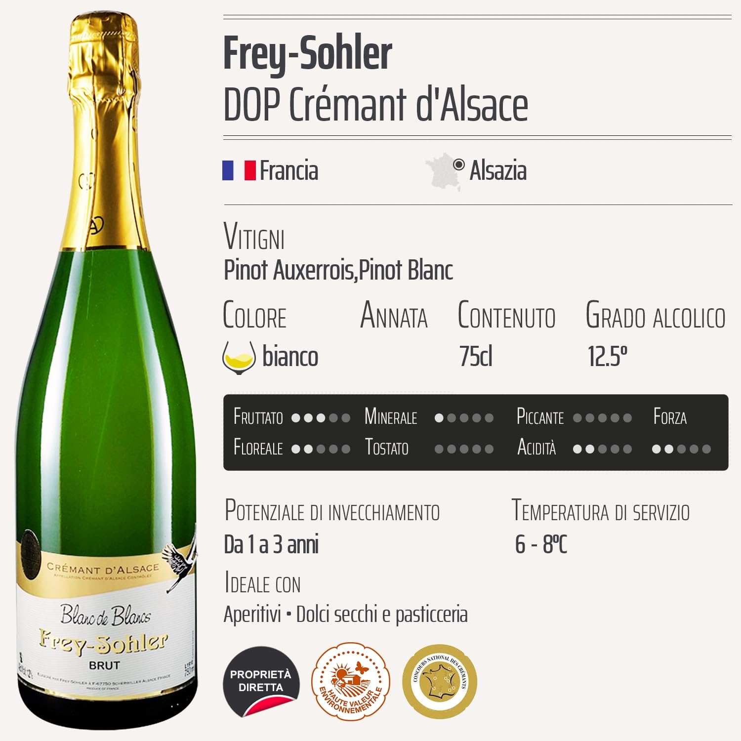 Crémant d'Alsace bianco de Blancs BRUT - Frey-Sohler - DOP - Alsazia - Francia - Vitigni Pinot Auxerrois,Pinot Blanc - 6x75cl