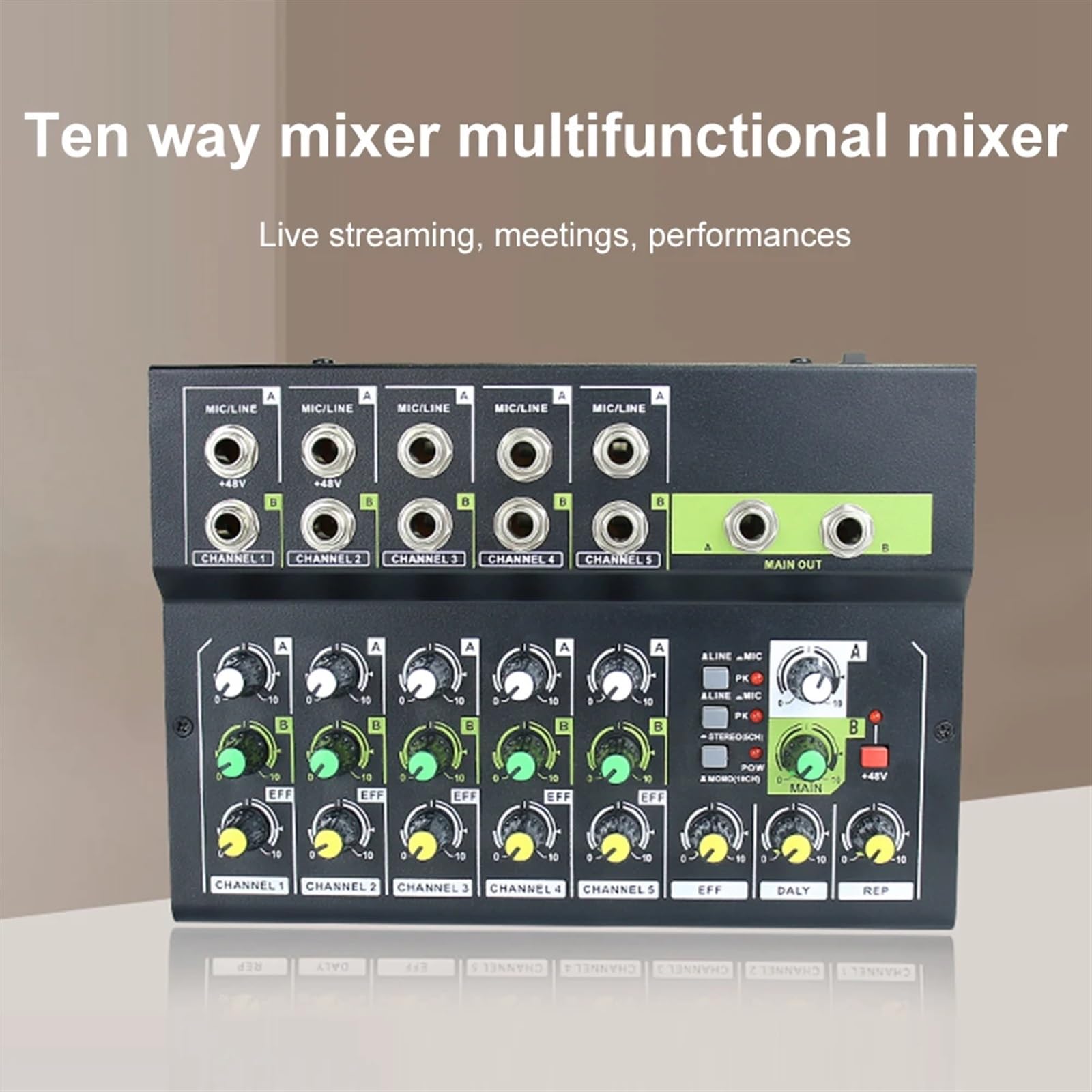 Profesjonalny 10-kanałowy cyfrowy minimikser audio stereo mikrofon/linia minimikser 48V regulacja głośności do nagrywania transmisji na żywo dla DJ-ów,Precyzyjna Kontrola I Regulacja