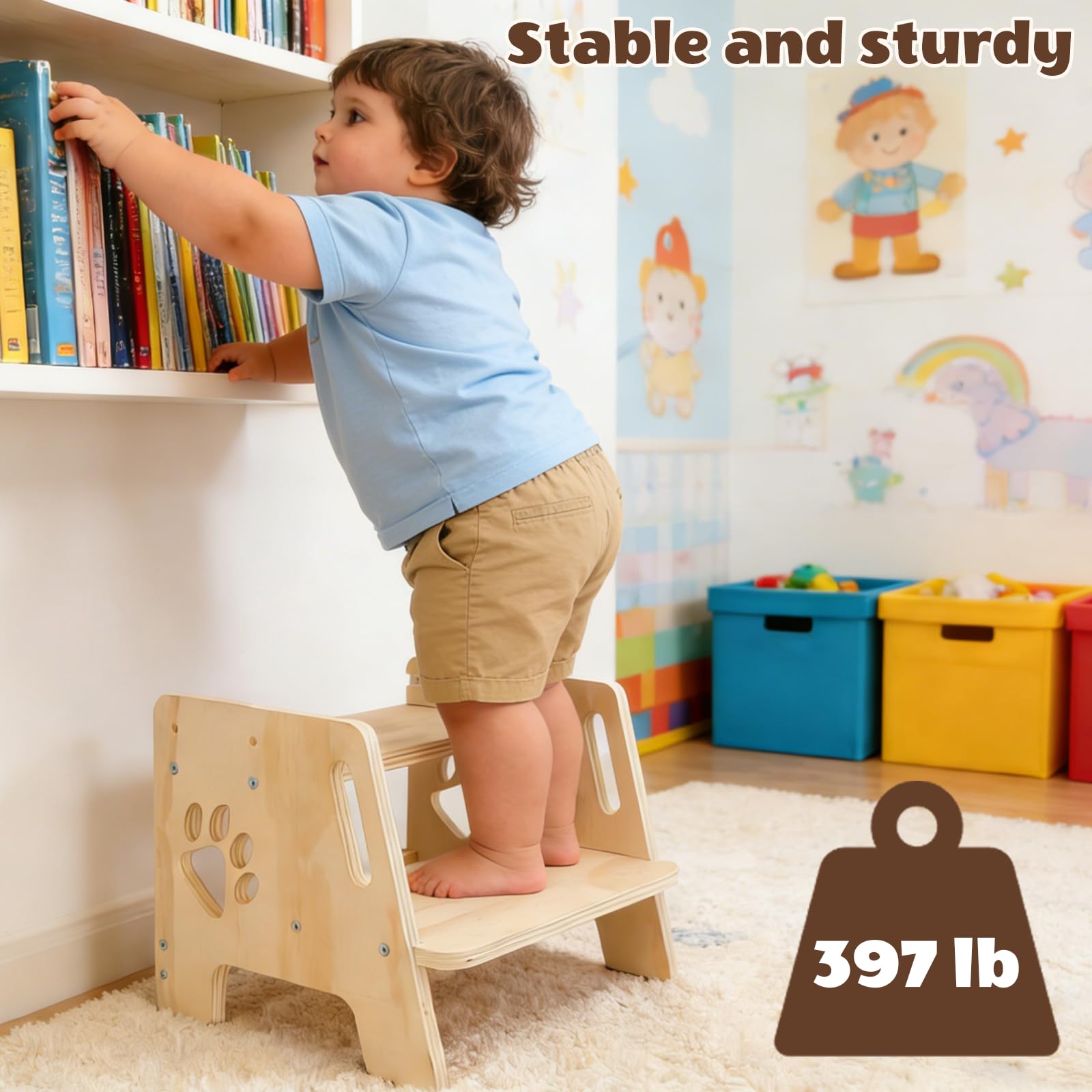 Escalón Infantil Taburete Infantil de Madera 2 Peldaños Altura Regulable Escalera con Asas Antideslizante para Baño Lavabo Cocina Dormitorio Entrenamiento de Inodoro para Niños — view 2