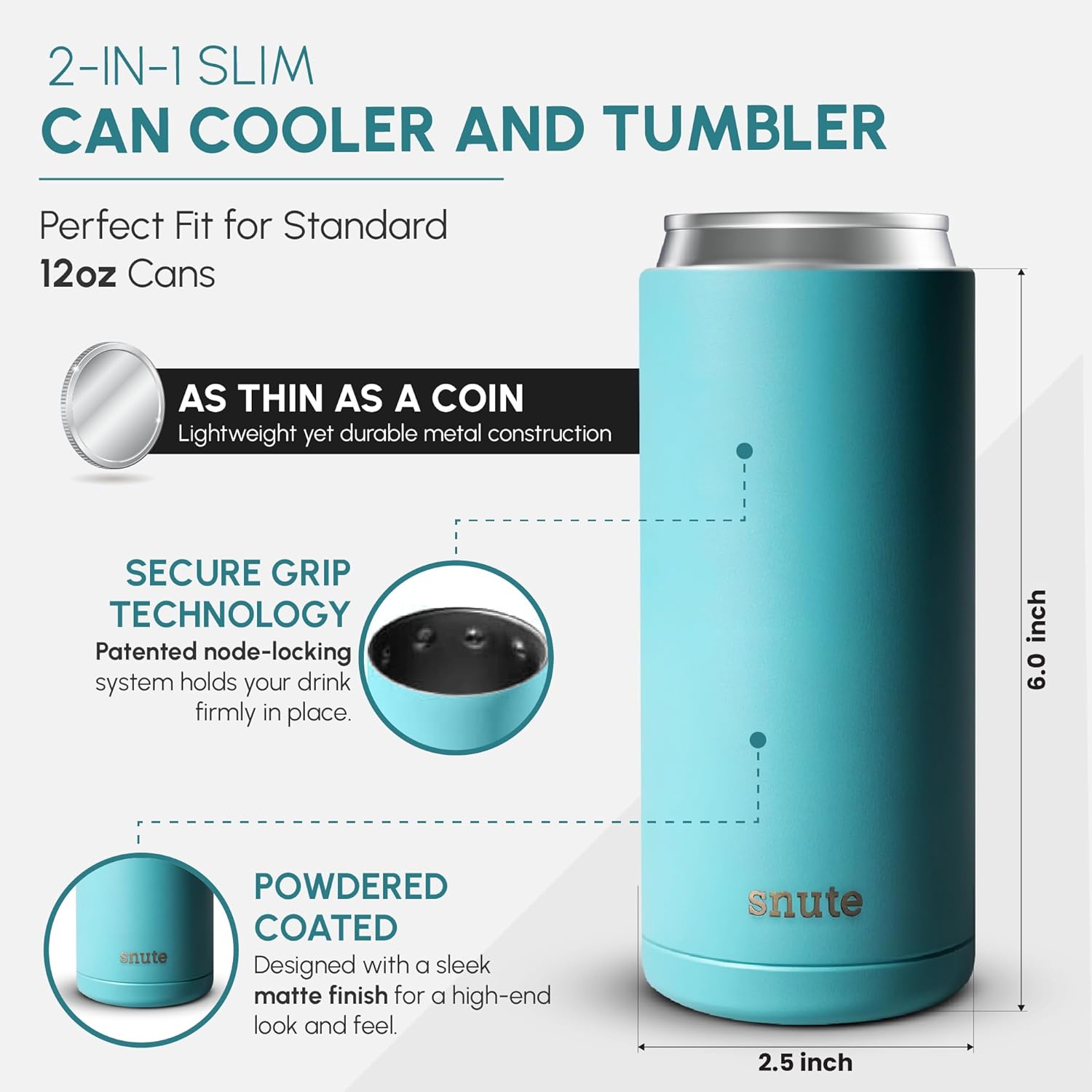 Can Cooler for Beer, Soda, Sparkling Water | Vacuum Insulated Stainless Steel Drink Sleeve Holder for 12oz Can (Teal, Slim) - Image 2