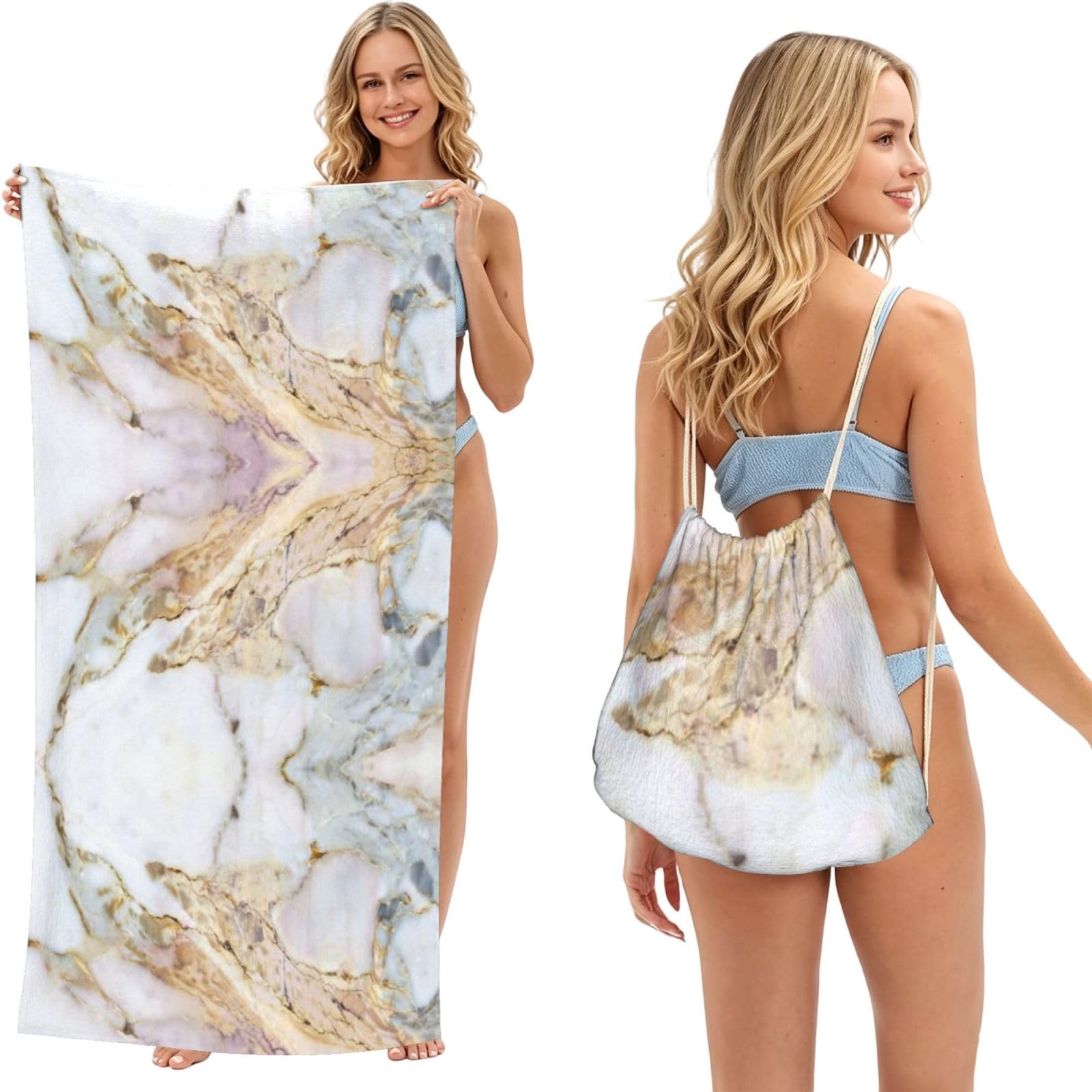 ESNAIUVCD Marble Print Beach Towel For Adults,Towel With Drawstring Bag, Travel Pool Swimming Sports Shower Sand Free Quick Dry Bath Towel For Pool, Beach, Yoga- 180x60cm