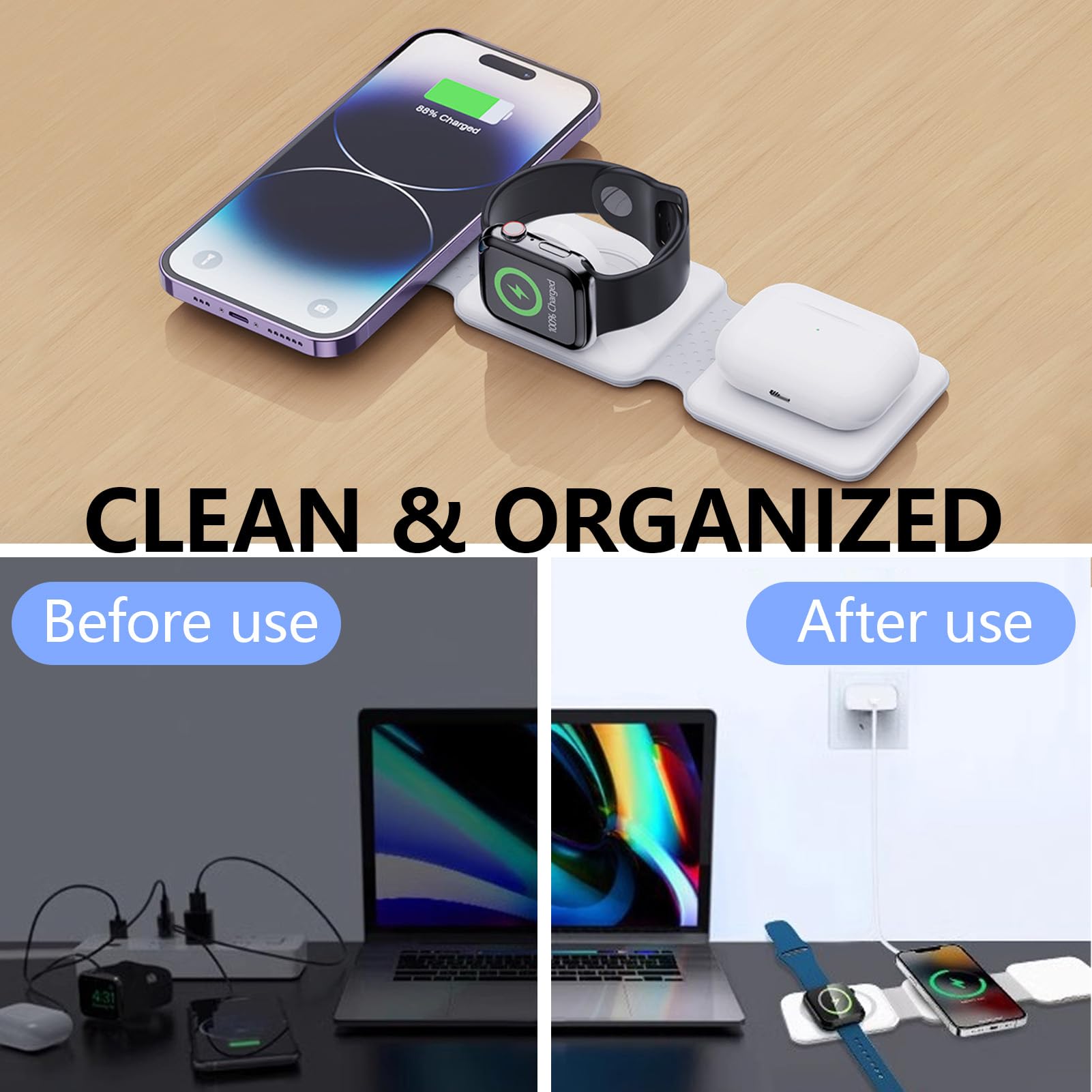Dock do ładowania bezprzewodowego, składana stacja ładująca 3 w 1 do indukcyjnego ładowania dla Apple Watch i i-Phone, bezprzewodowa ładowarka kompatybilna z Apple Watch 10/9/8/7, i-Phone 17/16/15/14
